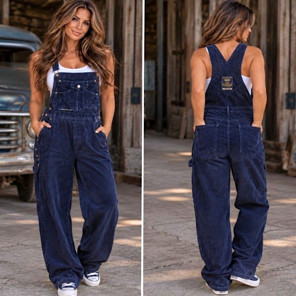 Vtg 90s Corduroy Overalls M Bibs Navy Baggy Wide Leg Y2K Carpenter Squeeze Jeans